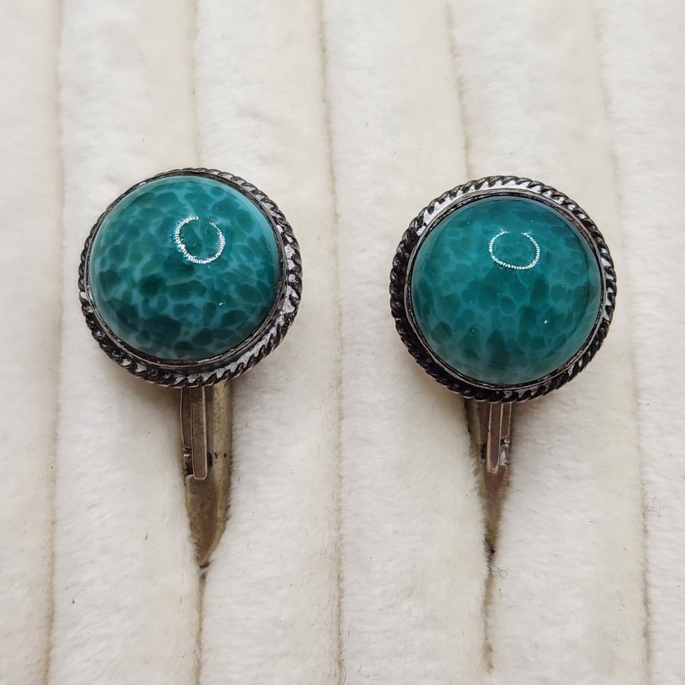 Vintage Alpaca Silver Green Peking Glass Cabochon Cufflinks Mexico Southwest